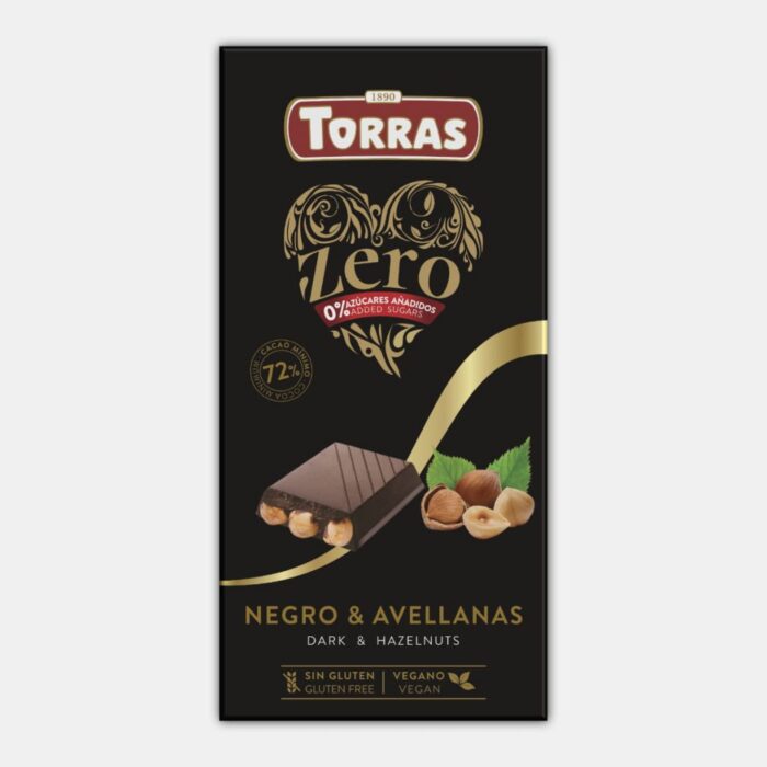 repostería y chocolates CHOCOLATE NEGRO 72% ZERO CON AVELLANAS SIN AZUCAR S/G 150G