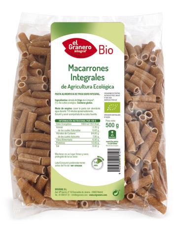 arroz y pasta MACARRONES INTEGRALES BIO, 500 g