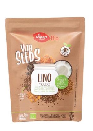 granos y semillas VITASEEDS LINO MOLIDO CON TRIGO SARRACENO, NIBS DE CACAO Y ALMENDRAS BIO, 200 g