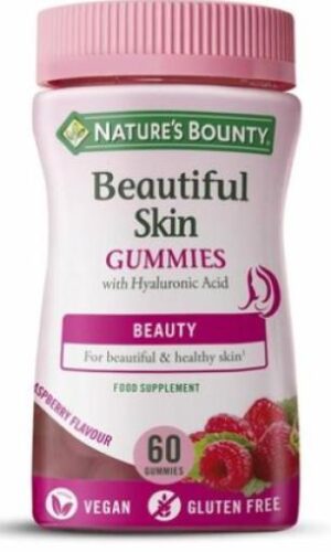 línea facial BEAUTIFUL SKIN CON ACIDO HIALURONICO SABOR FRAMBUESA 60 GUMMIES