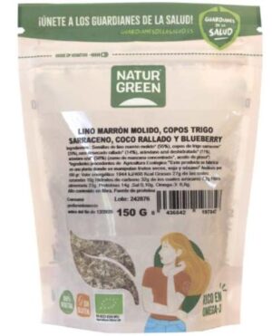 granos y semillas LINO MARRON MOLIDO, COPOS TRIGO SARRACENO, COCO RALLADO Y BLUEBERRY 150G