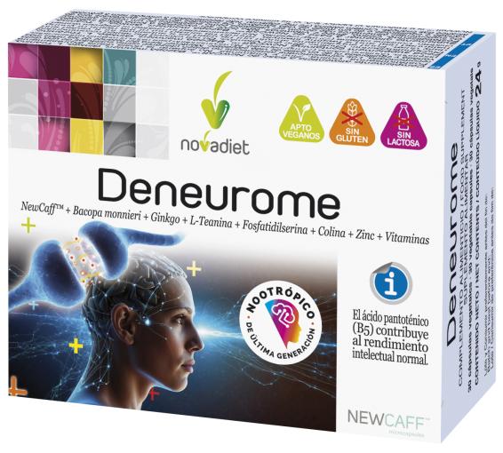Deneurome mejora memoria, concentración y energía mental con Bacopa, Ginkgo, L-teanina y cafeína microencapsulada. Ideal en épocas de esfuerzo intelectual.
