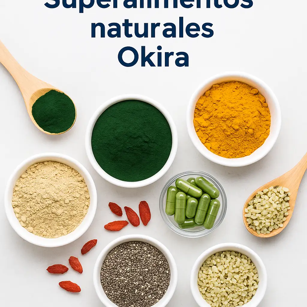 Mezcla de superalimentos naturales Okira en polvo y cápsulas