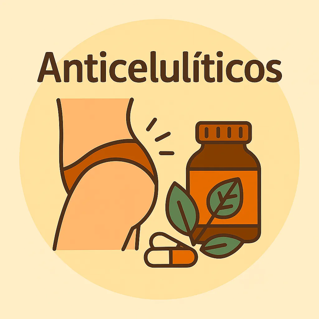 Ilustración circular estilo Okira con figura femenina, frasco de suplemento, cápsulas y hojas naturales.