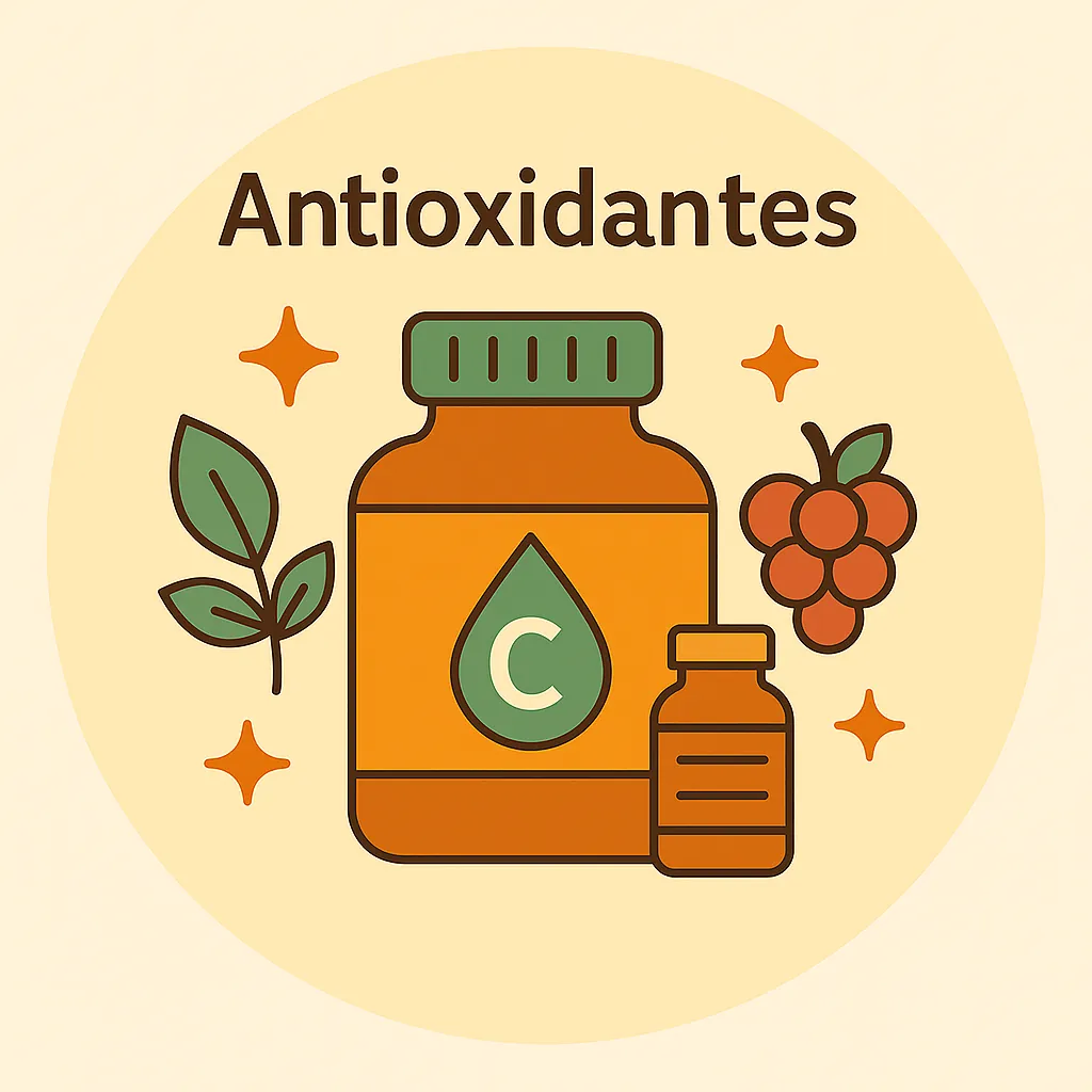 Ilustración plana de suplementos antioxidantes naturales con envases, hojas y frutas ricas en polifenoles