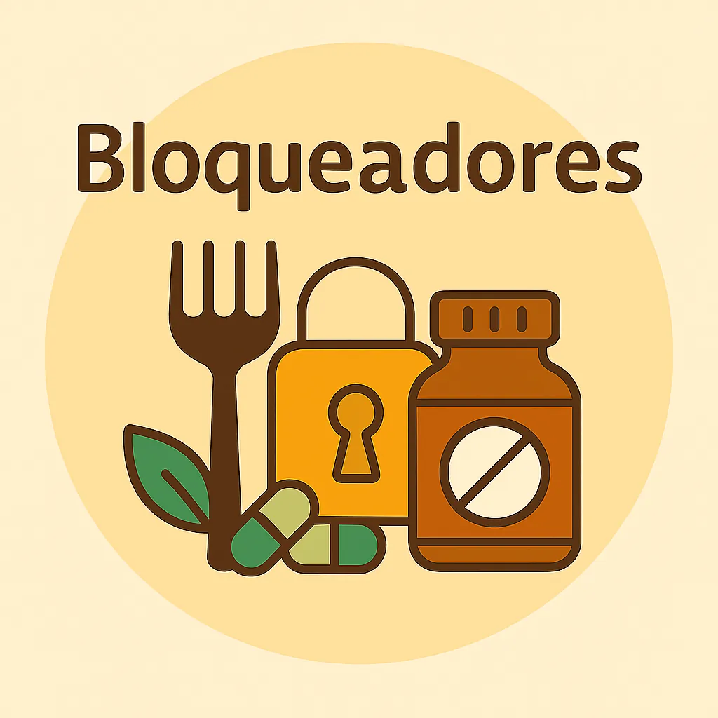 Ilustración circular estilo Okira con candado, cápsulas, frasco bloqueador y tenedor, representando el bloqueo natural de nutrientes.