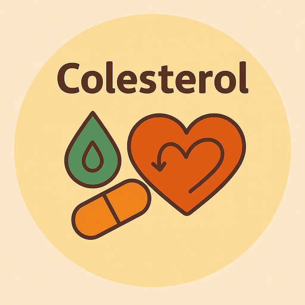Ilustración natural con cápsulas y corazón para subcategoría colesterol en Okira