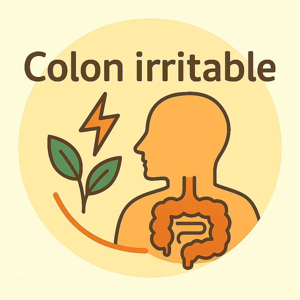 Ilustración de colon irritable con perfil humano, colon destacado, planta y rayo representando dolor abdominal.