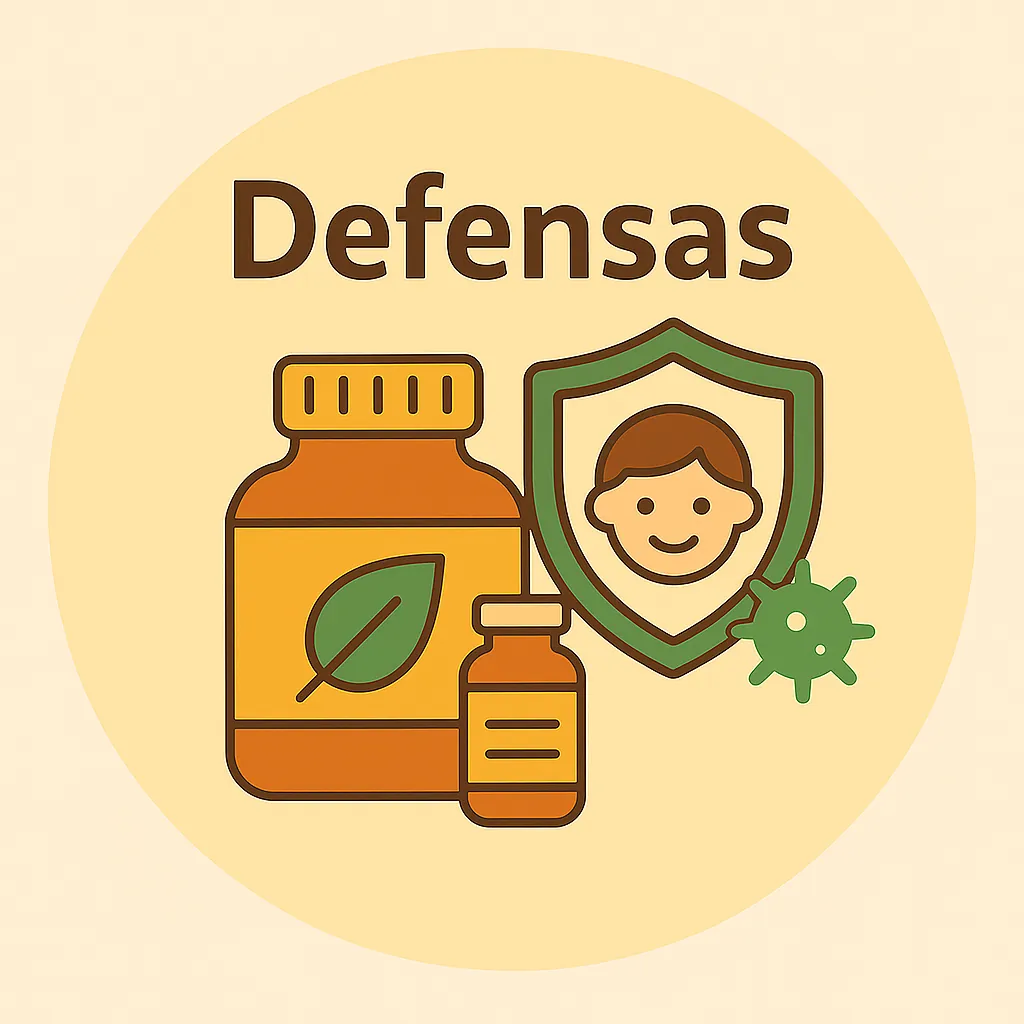 Ilustración estilo Okira con frasco de suplemento, escudo de protección y cápsulas, representando el refuerzo del sistema inmunológico