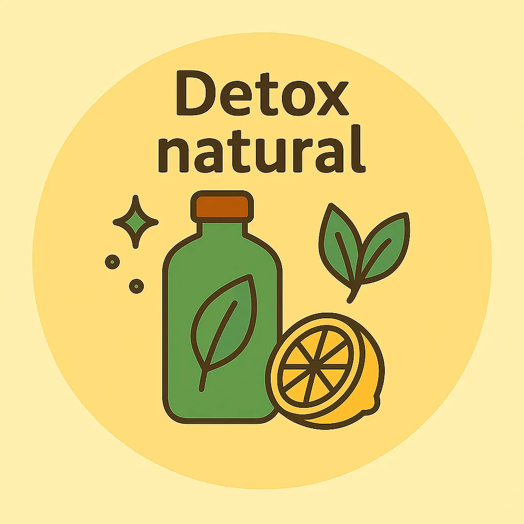 Ilustración de estilo plano con una botella de líquido vegetal y hojas verdes, representando depuración y detox natural.