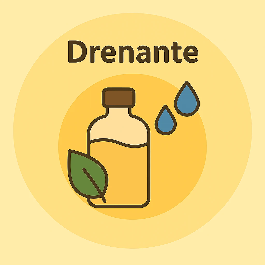 Ilustración plana de una botella con líquido, una hoja verde, gotas de agua y una silueta estilizada, sobre fondo circular crema con el texto “Drenante”.