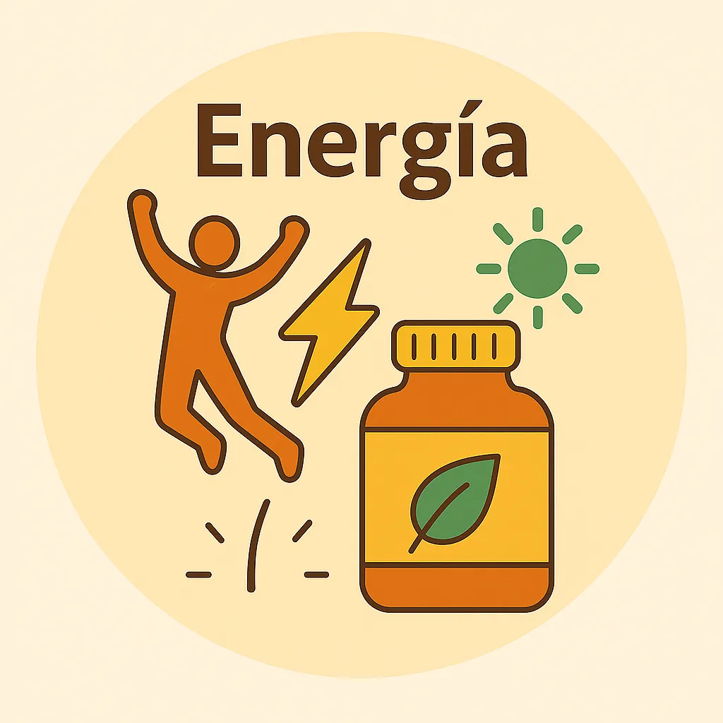 Ilustración estilo Okira con figura saltando, rayo de energía y bote de suplemento con el texto “Energía”