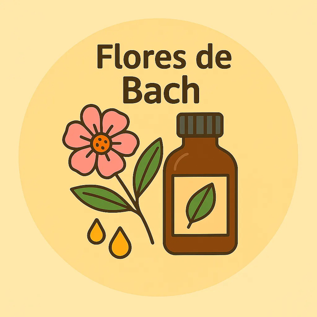 Ilustración digital estilo plano de una flor rosada, gotas y frasco ámbar con etiqueta natural, bajo el texto “Flores de Bach”.