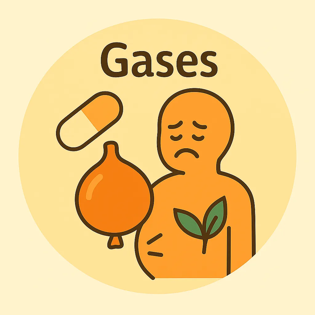 Ilustración de gases con figura humana hinchada, carita de incomodidad, globo y cápsula.
