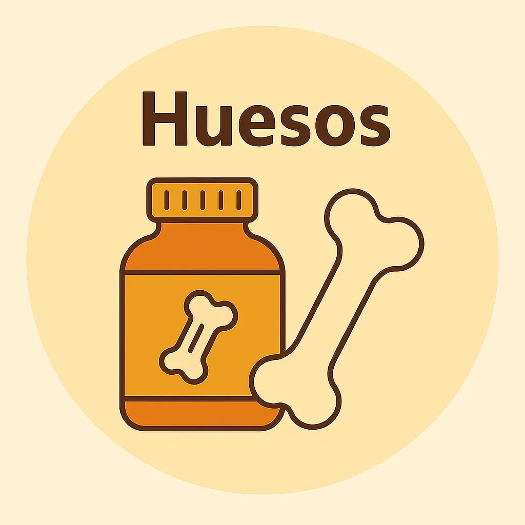 Ilustración circular con cápsulas y envase de suplemento etiquetado “Huesos”, representando salud ósea