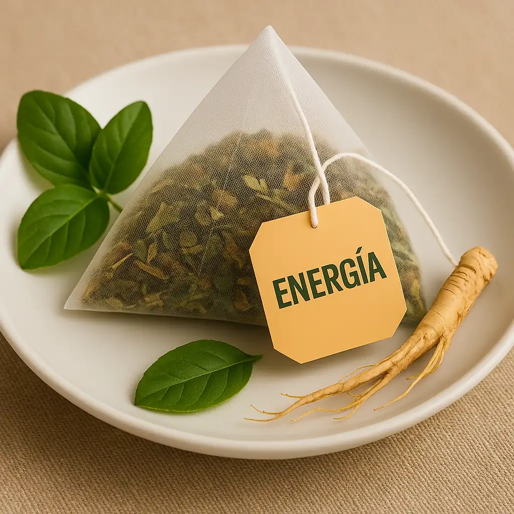 Infusión natural energizante en filtro con plantas estimulantes como ginseng o guaraná