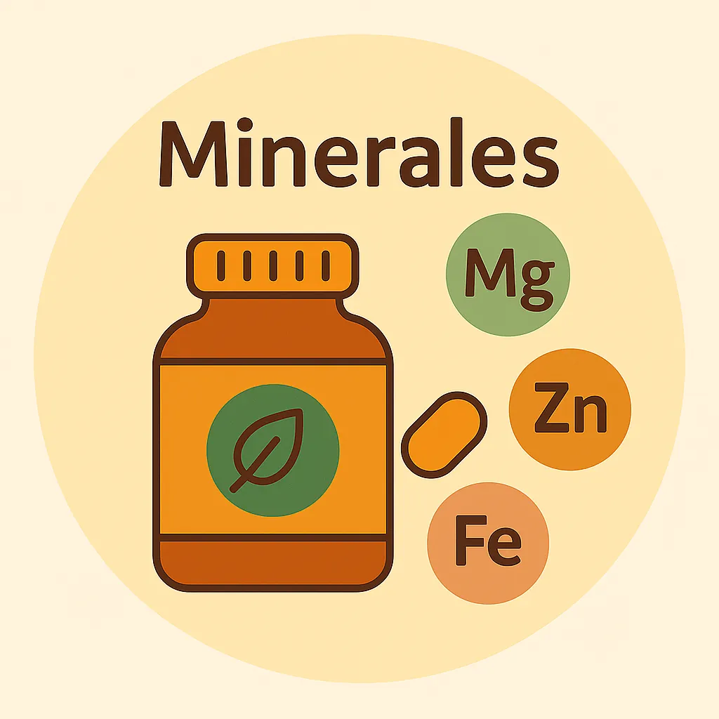 Ilustración estilo Okira con frasco de suplemento y símbolos químicos “Fe”, “Mg”, “Zn” representando minerales esenciales