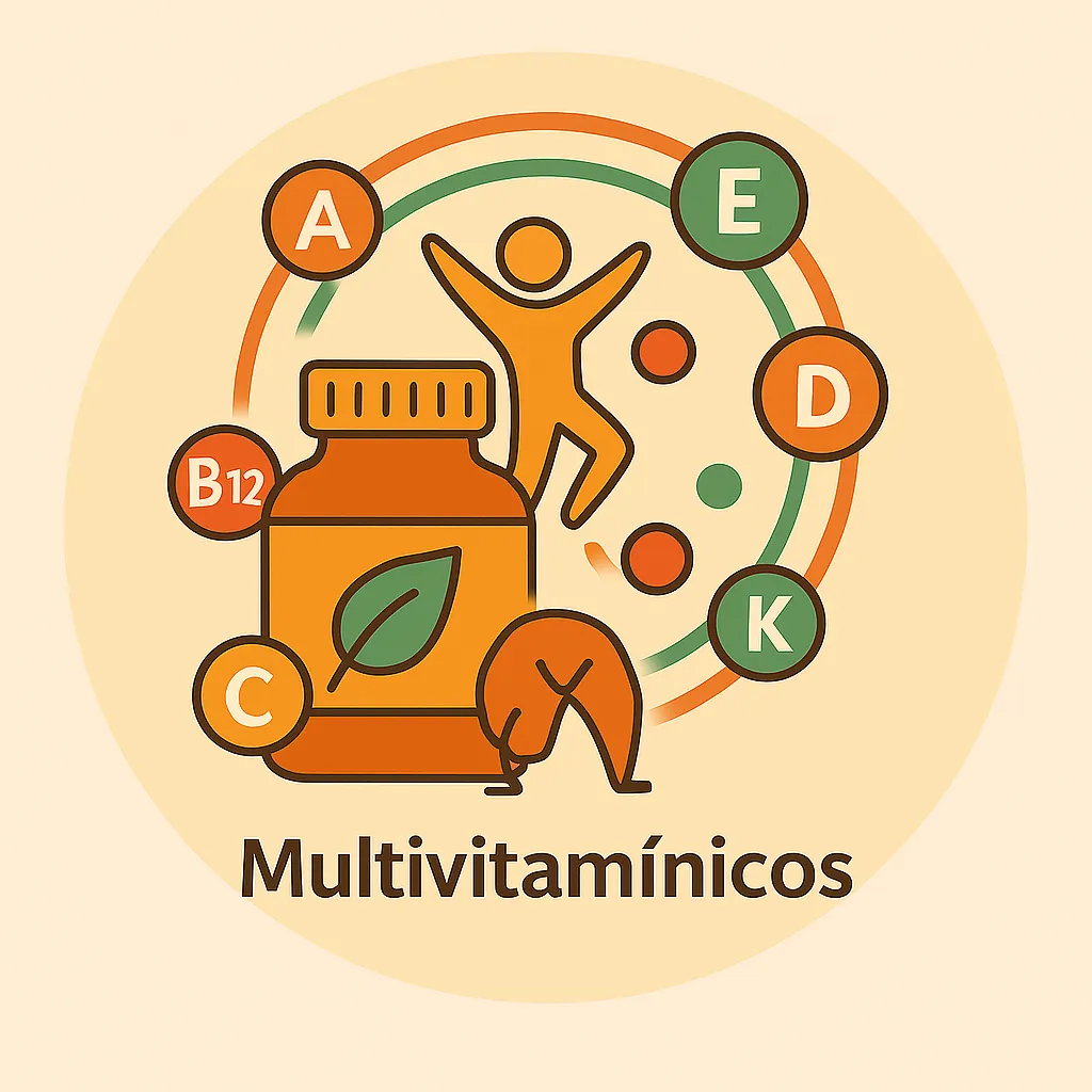 Ilustración estilo Okira con frasco de suplemento, cápsulas y símbolos A, B12, C, D, E y K representando multivitaminas esenciales