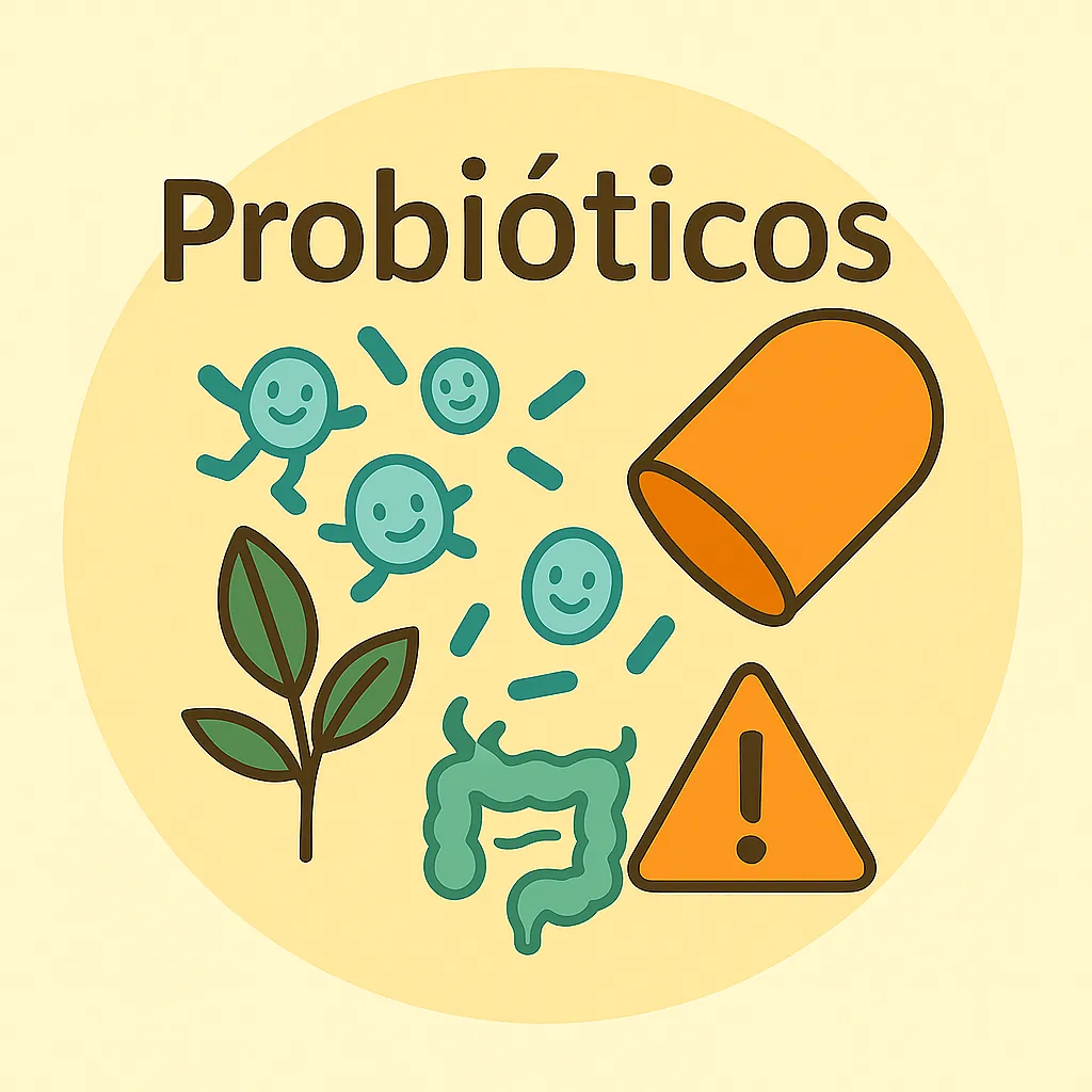 Ilustración sobre probióticos con cápsula abierta, bacterias sonrientes, intestino y planta medicinal.