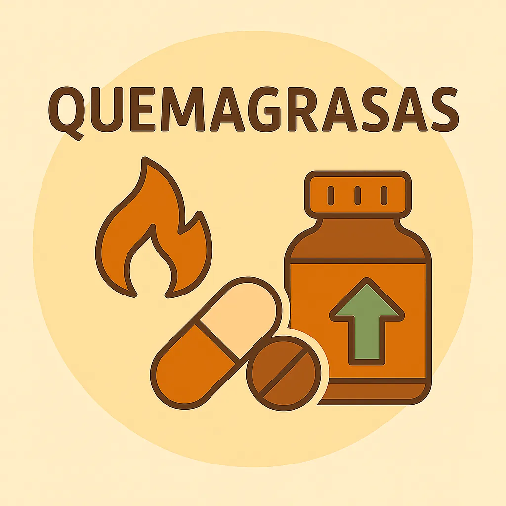 Imagen circular estilo Okira con cápsulas, llama, frasco de suplemento y la palabra “QUEMAGRASAS” en la parte superior.