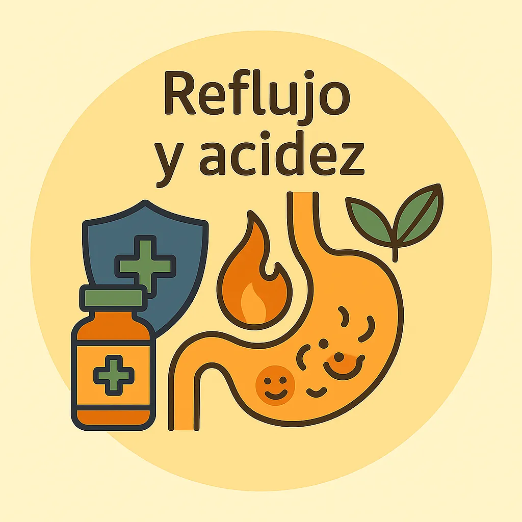 Ilustración de reflujo y acidez con estómago, llama, bote de complemento, escudo y hoja natural.