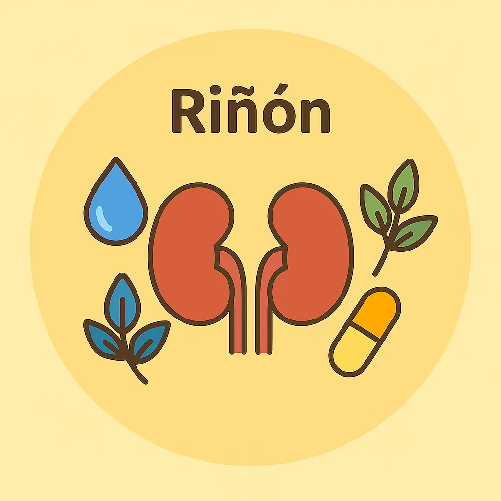Ilustración plana de dos riñones con hojas verdes, cápsula amarilla y gota azul, sobre fondo circular crema y texto “Riñón” en la parte superior.