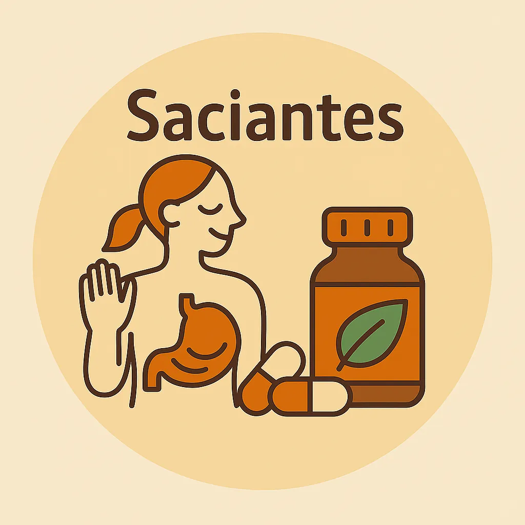 Ilustración circular estilo Okira con figura femenina relajada, cápsulas, frasco herbal y estómago saciado.