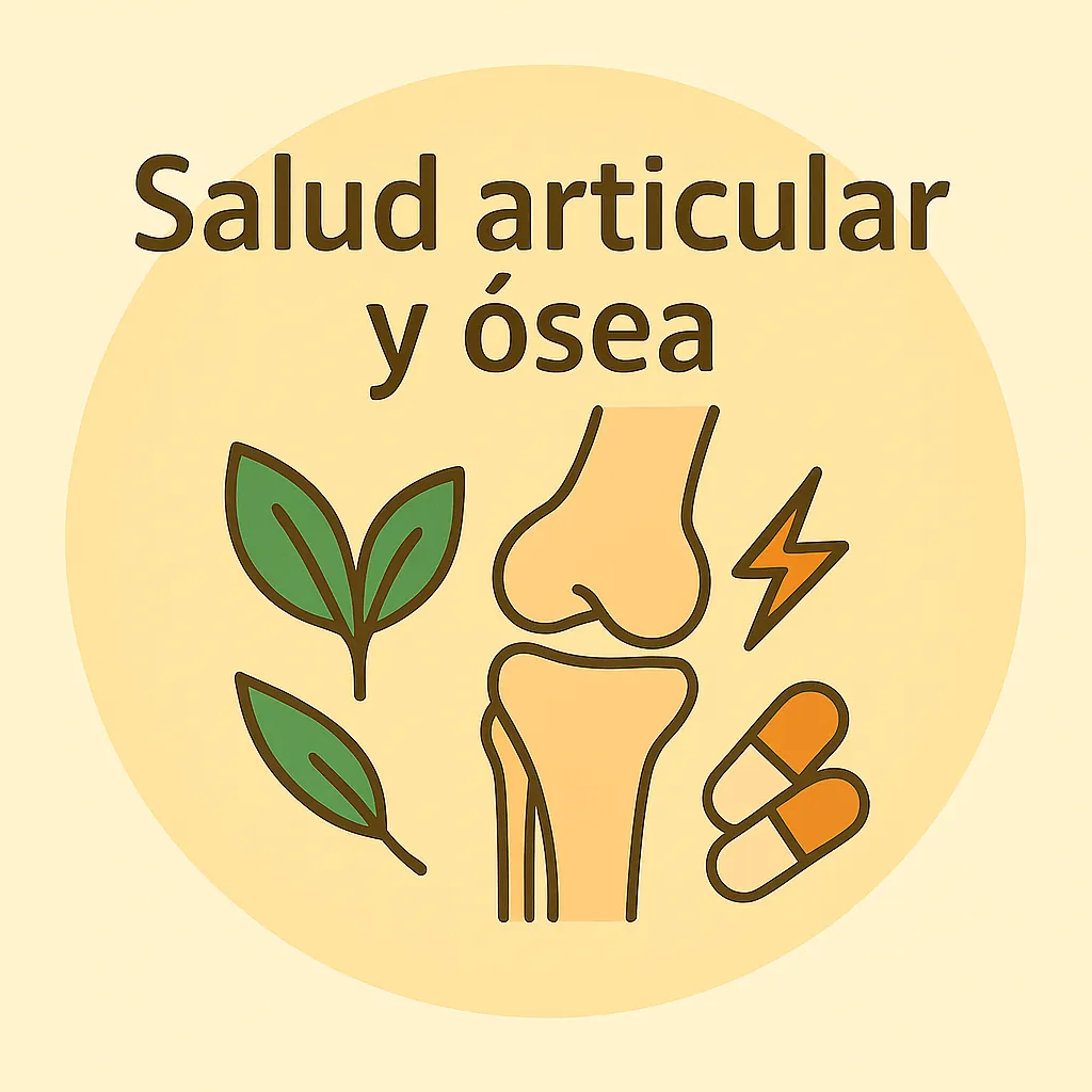 Ilustración de salud articular y ósea con articulación de rodilla clara, cápsulas y elementos naturales.