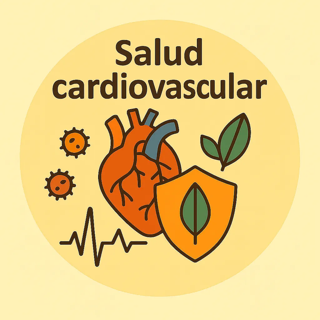 Ilustración circular de corazón humano con cápsulas, representando salud cardiovascular