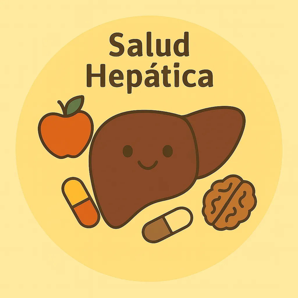 Ilustración de estilo plano de un hígado sonriente con una manzana, una nuez y cápsulas, sobre fondo circular amarillo.