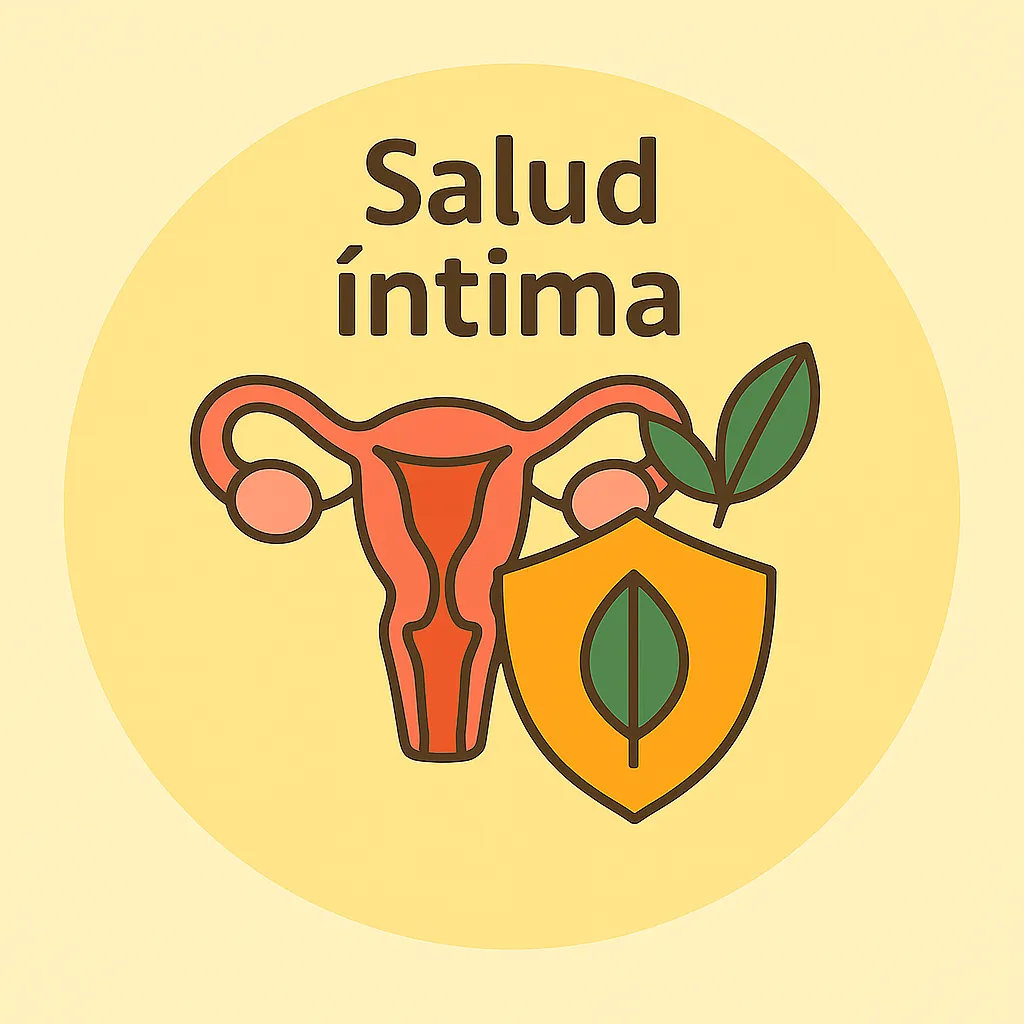 Ilustración representando la salud íntima femenina con iconos naturales y señal de bienestar.
