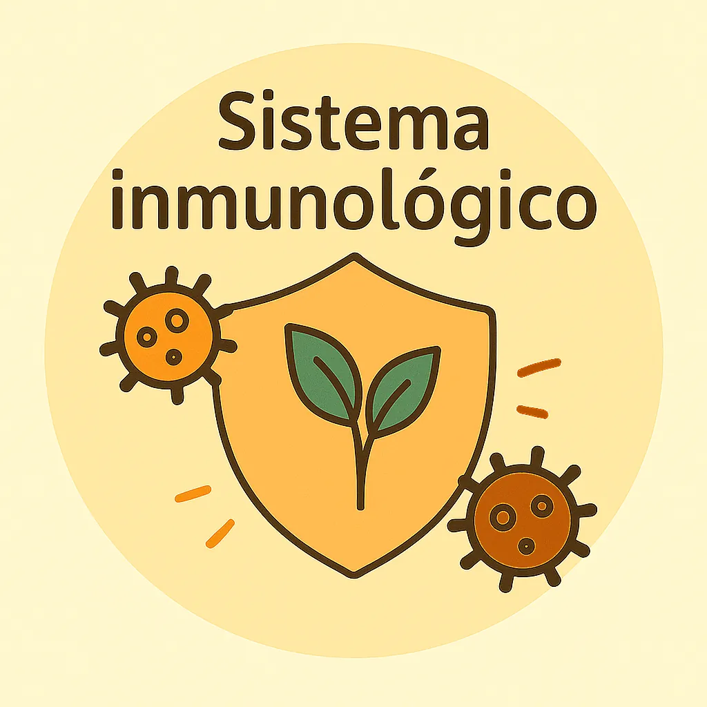 Ilustración del sistema inmunológico con escudo, hoja y glóbulos inmunes redondos.