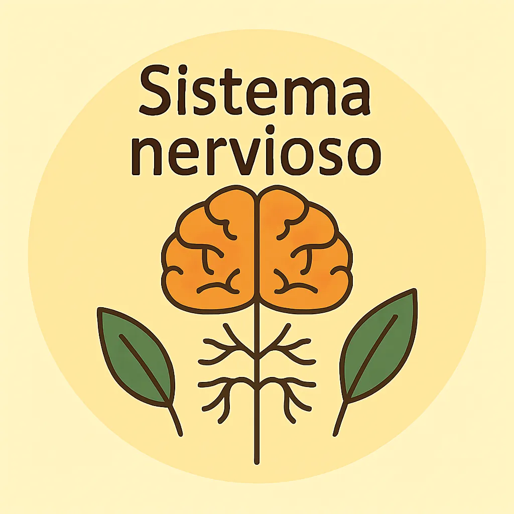 Ilustración del sistema nervioso con cerebro, raíces neuronales y hojas naturales.