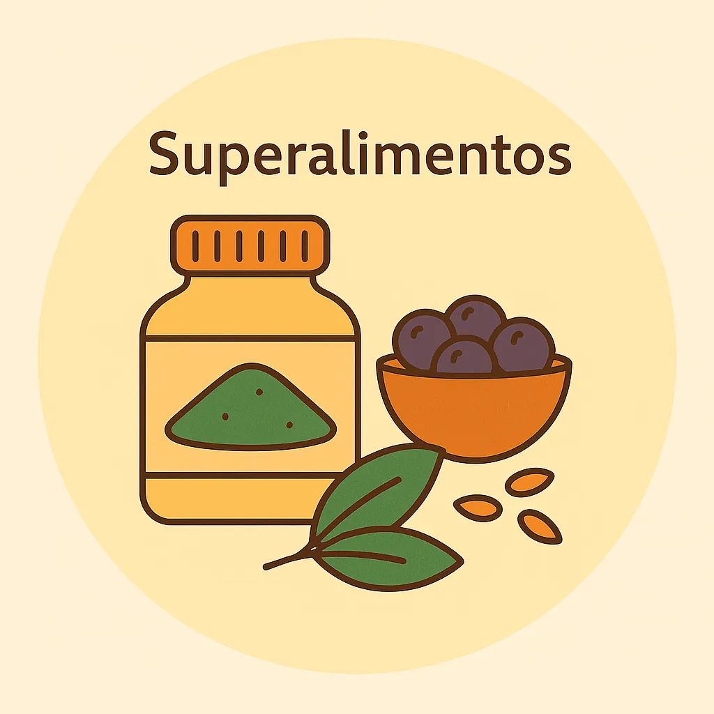 Ilustración digital de superalimentos naturales como polvo verde, semillas y frutas en envases ecológicos