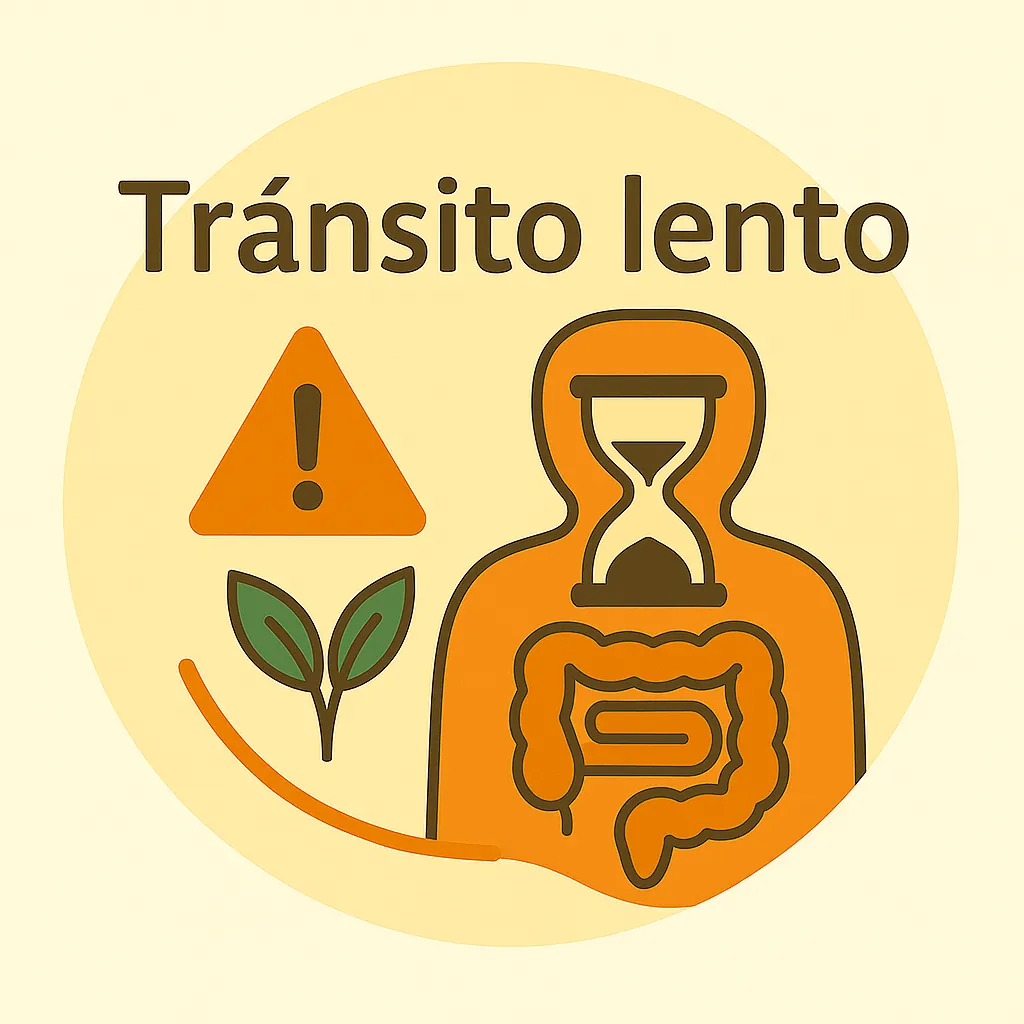 Ilustración de tránsito intestinal lento con intestino resaltado y reloj de arena dentro del cuerpo.