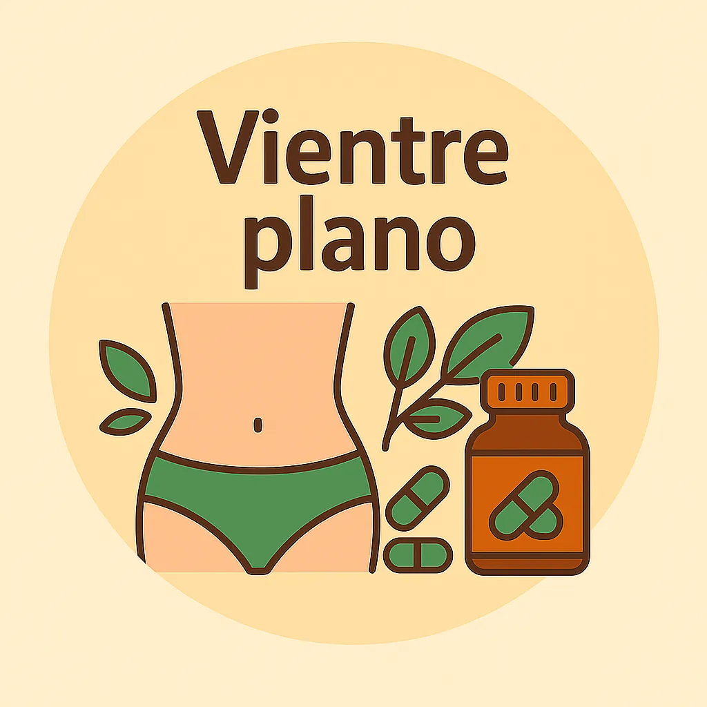 Ilustración estilo Okira con vientre plano femenino, hojas naturales, cápsulas digestivas y frasco de suplemento.