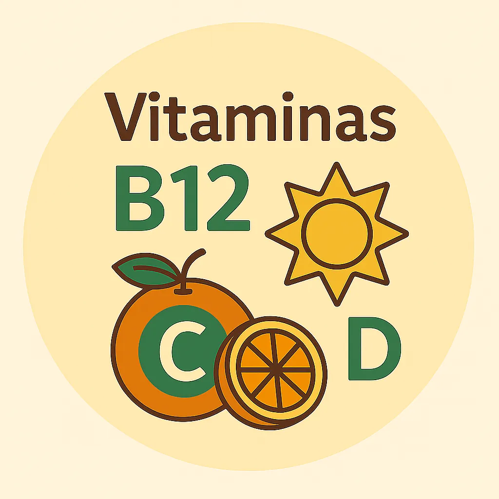 Ilustración estilo Okira con vitamina B12, D y letra C dentro de una naranja, representando vitaminas específicas