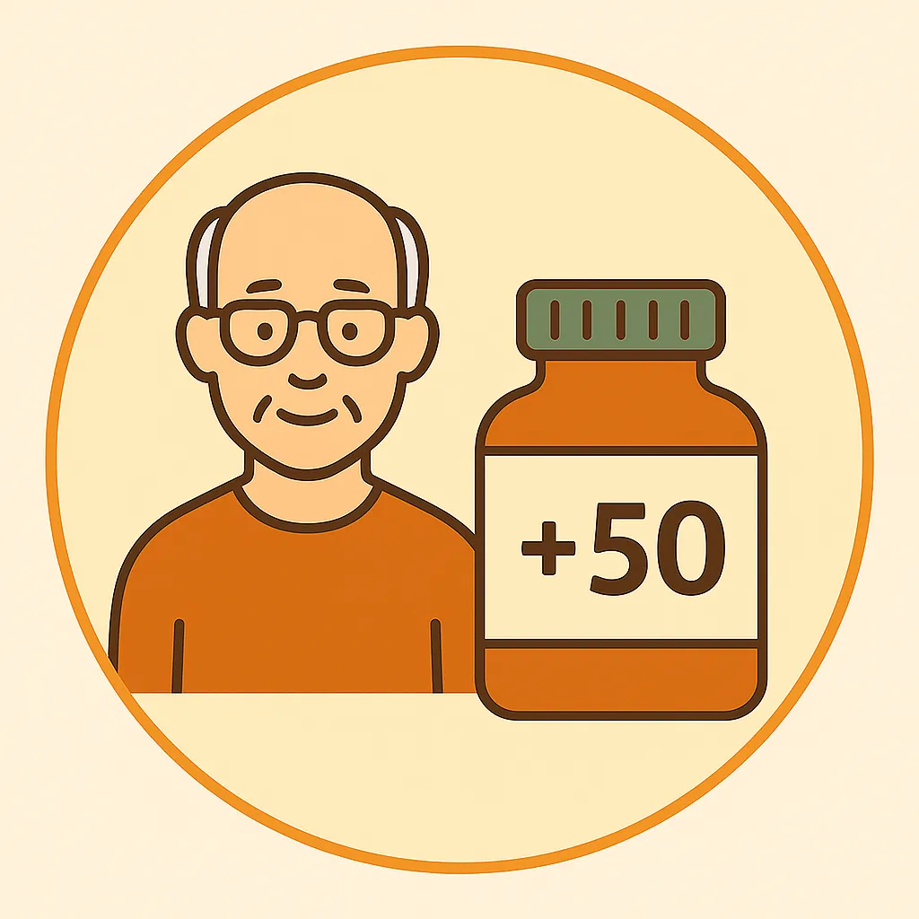 Ilustración de persona mayor con frasco de suplemento marcado “+50” en estilo plano