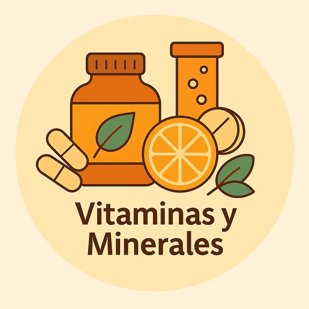 Ilustración circular con envases de suplementos y el texto “Vitaminas y Minerales” para representar nutrientes esenciales