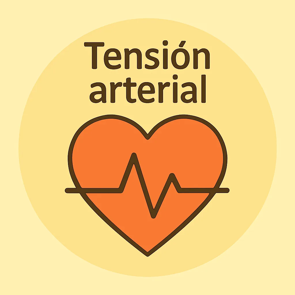 Ilustración de corazón plano con líneas de pulso y texto “Tensión arterial”