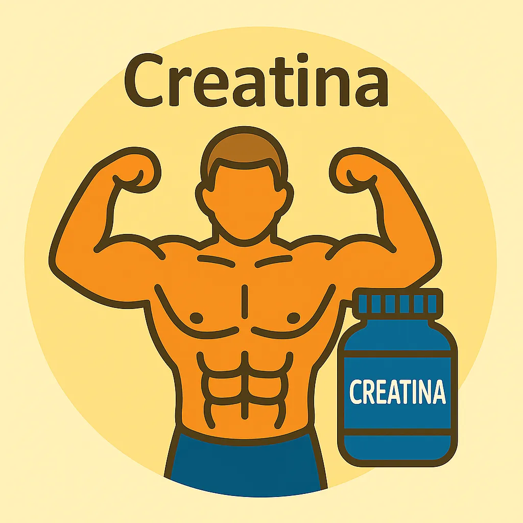 Ilustración de culturista con bote de creatina azul y texto “Creatina” en fondo beige