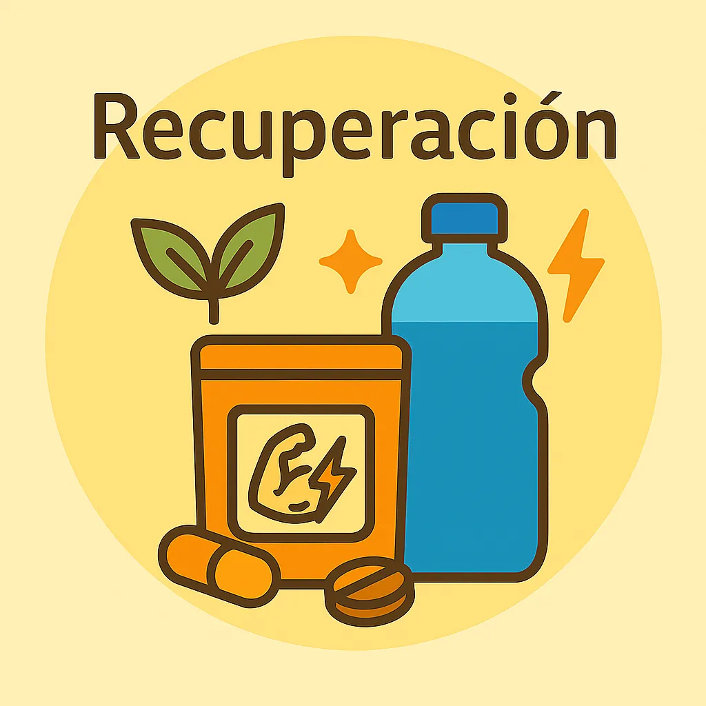 Ilustración circular con botella azul, cápsulas y texto “recuperación” en estilo flat