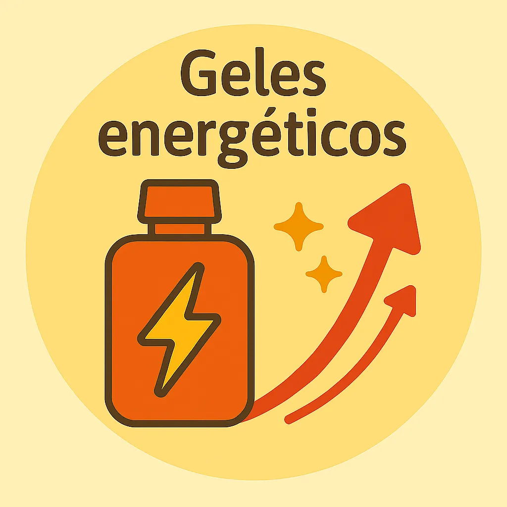 Icono circular de sobre de gel deportivo con curva roja ascendente y gota de energía