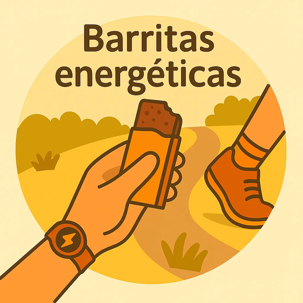 Ilustración flat de barrita energética en mano con texto “Barritas energéticas”