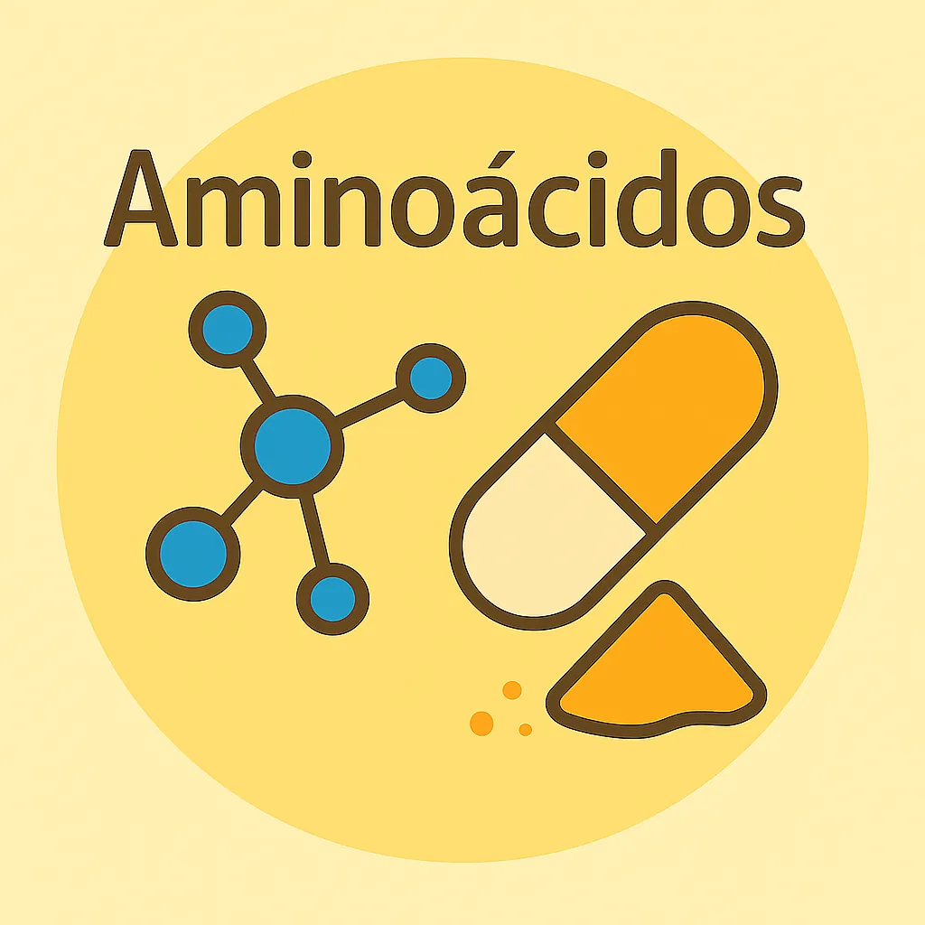 Ilustración flat de molécula ramificada azul con scoop y texto “Aminoácidos”