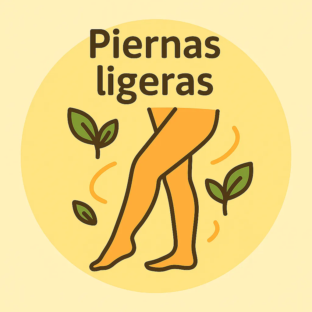 Ilustración flat de piernas estilizadas con hojas flotando y texto “Piernas ligeras”