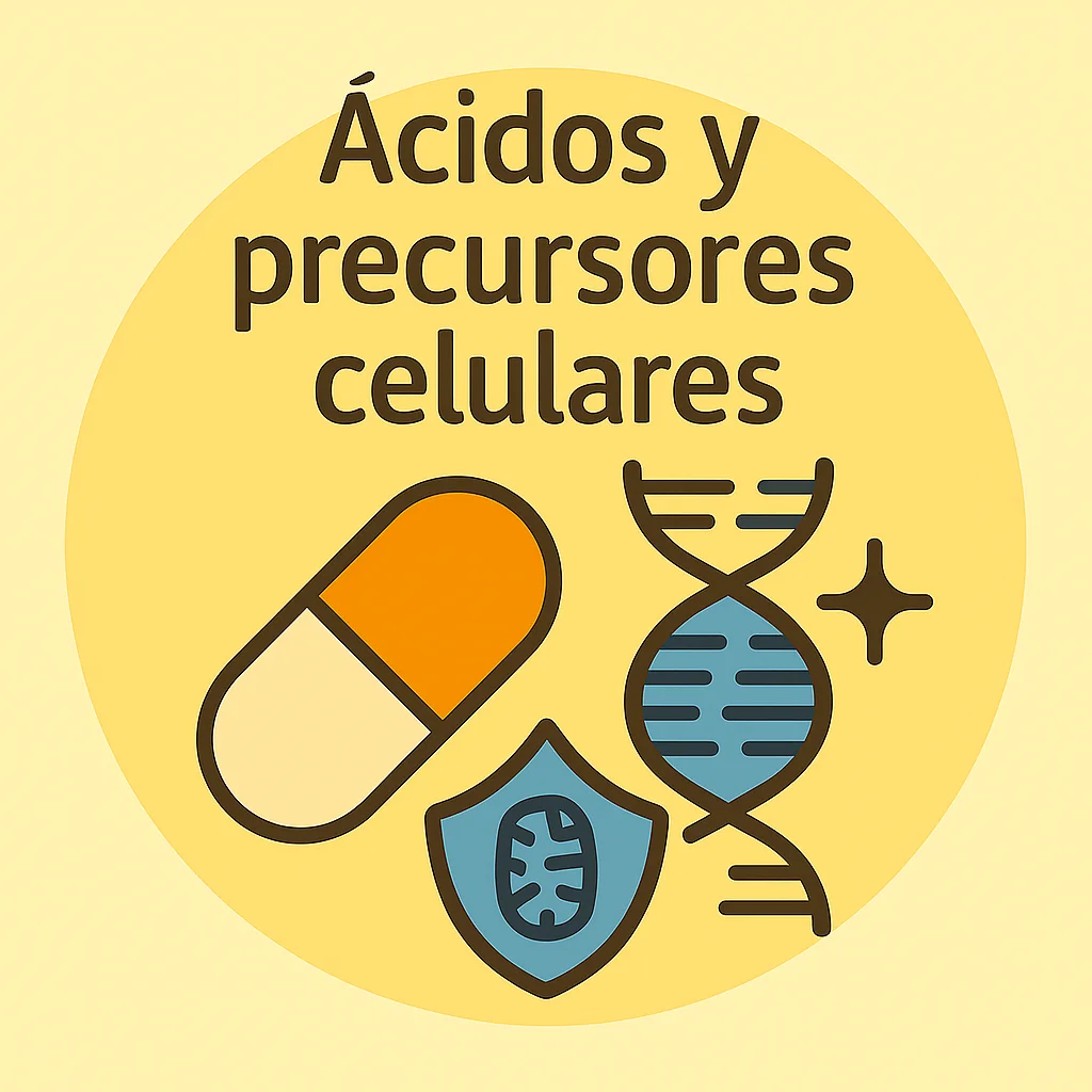 Ilustración con cápsula, ADN azul, escudo celular y chispa; representa precursores celulares