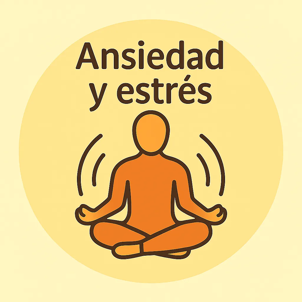 figura en postura de meditación en fondo circular con texto “Ansiedad y estrés”