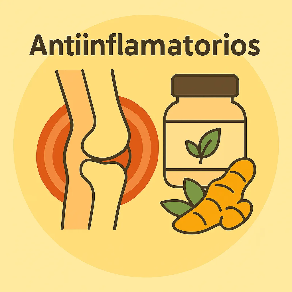 Ilustración plana de una articulación inflamada con elementos naturales alrededor, representando suplementos antiinflamatorios naturales para articulaciones.