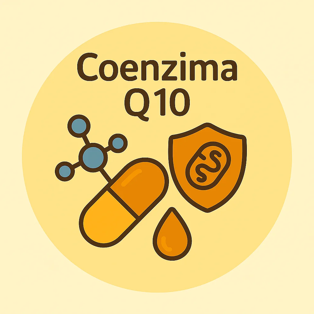 Cápsula, gota, molécula azul y escudo con mitocondria; representa coenzima Q10